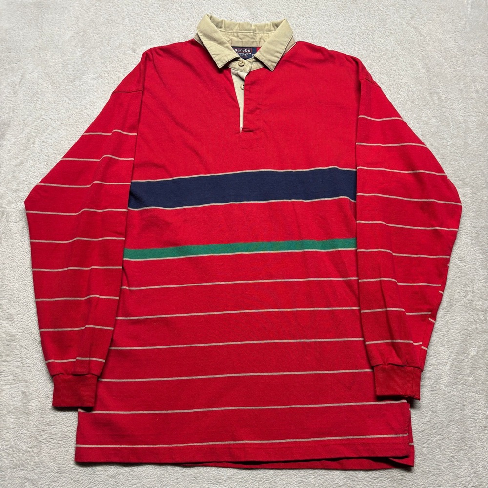 VTG Scrubs by Lord Jeff Rugby Shirt Mens XL Long Sleeve Red Striped USA Made 90s